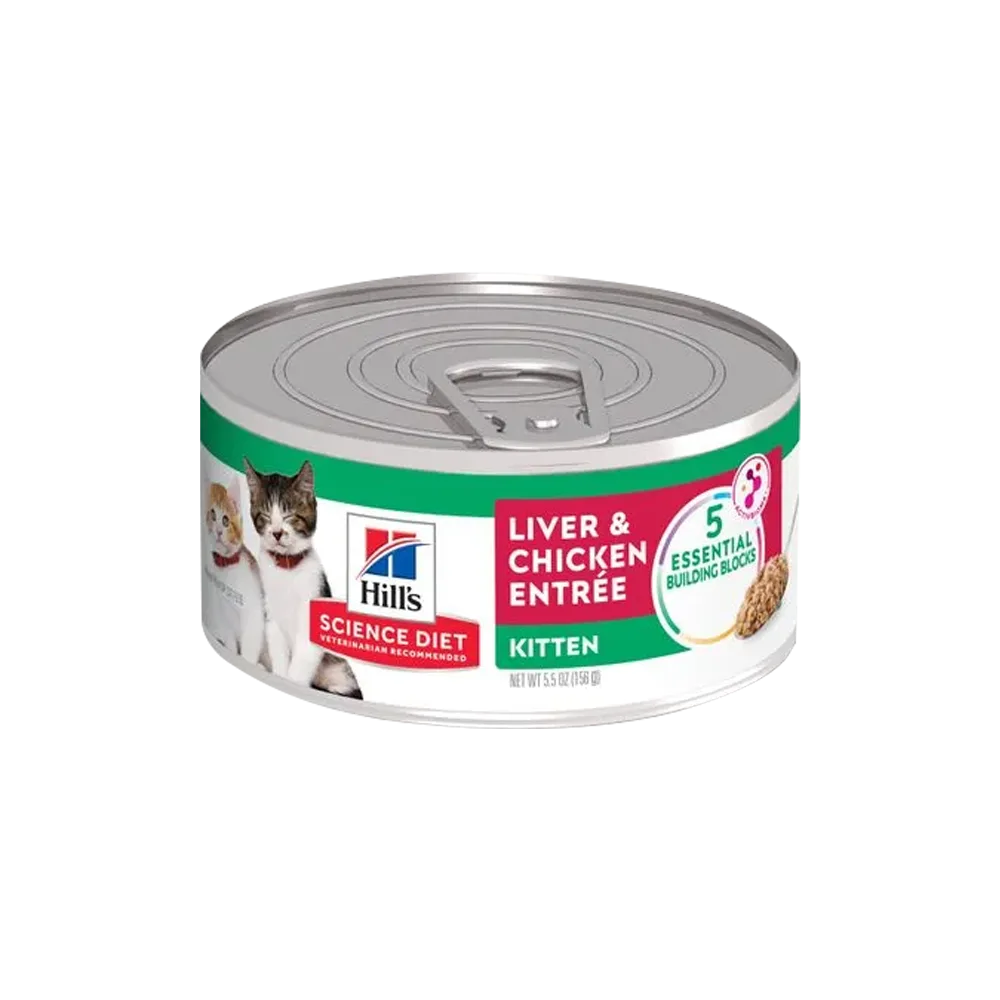 Lata color blanco con detalles rojos y verdes del alimento para gatitos bebé Hill's Science Diet Kitten Hígado y Pollo