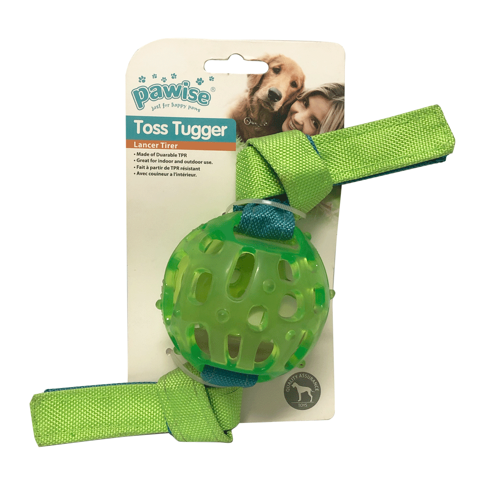 Pelota Pawise color verde transparente con cintas ultra resistentes en los extremos para perros medianos