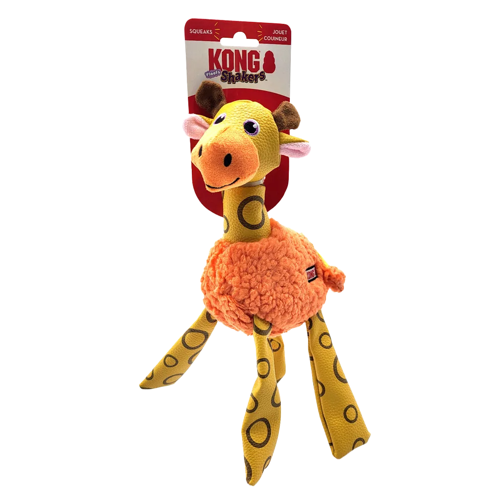 Juguete de peluche Kong Floof Shaker para perros, tiene forma de jirafa, es naranja en distintos tonos, tiene un torso redondo y suave, sus patas y cuello son de una textura tipo cuero.