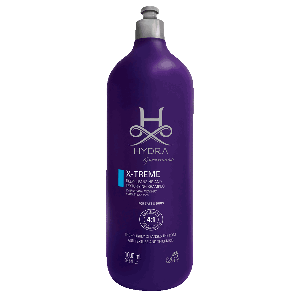 Botella violeta de shampoo para cuidado extremo del pelaje de tu mascota de Hydra Groomers Xtreme Shampoo