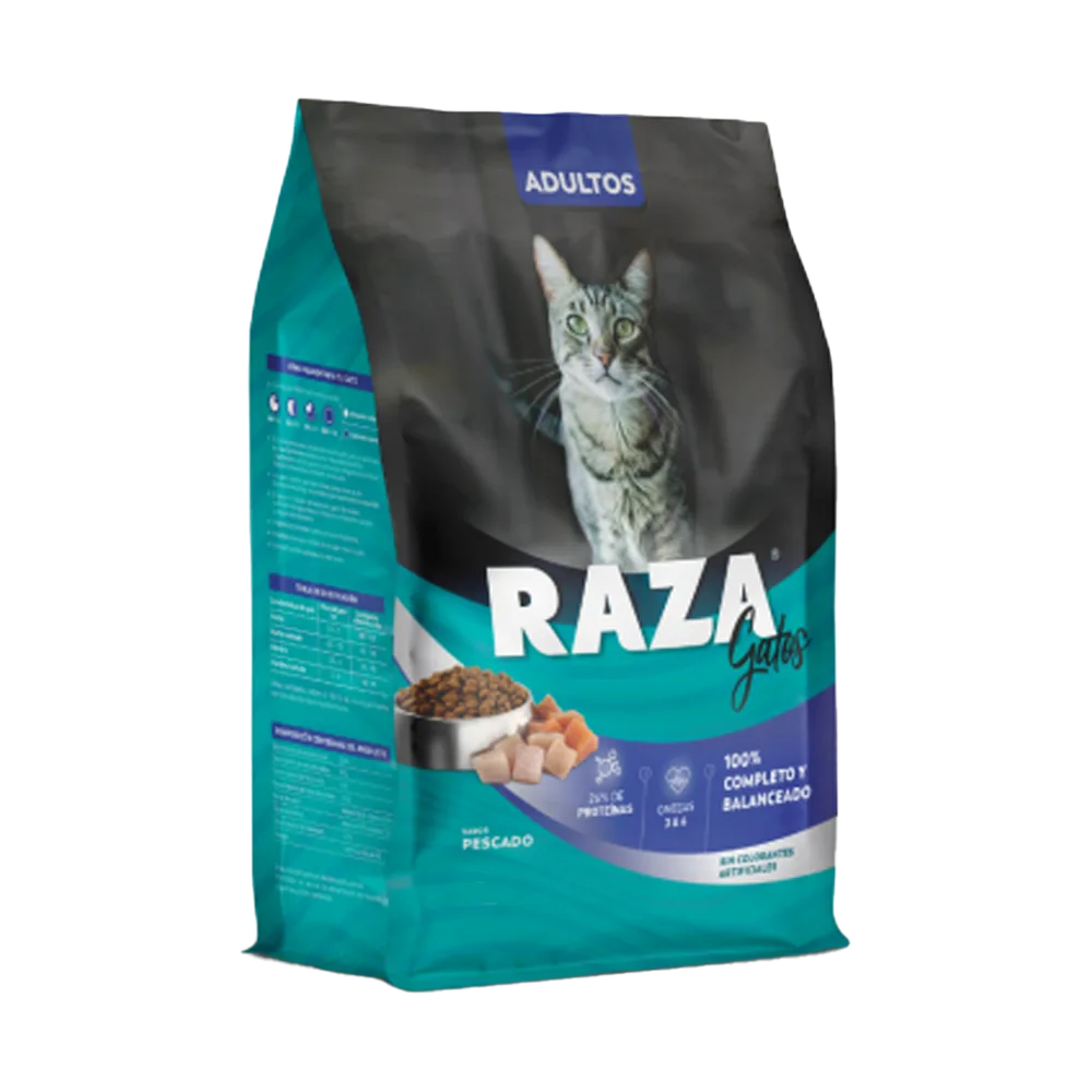 Bolsa color celeste con detalles azules y amarillos de alimento Raza Gato Sabor Pescado para gatos adultos de 11 kg