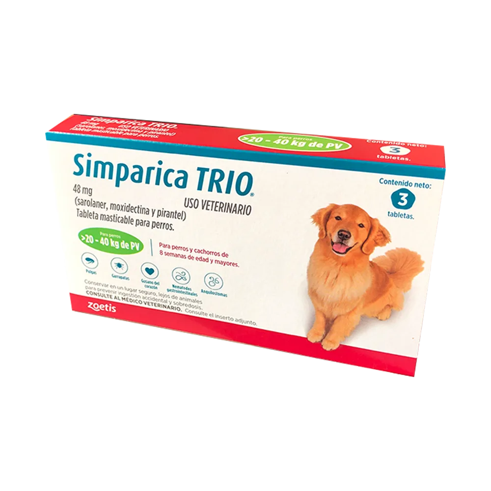 Caja blanca rectangular con una franja rojiza en la base y una calipso en la parte superior y un perro golden retriever en la portada del antiparasitario para perros Simparica TRIO 20 a 40 kg de peso.