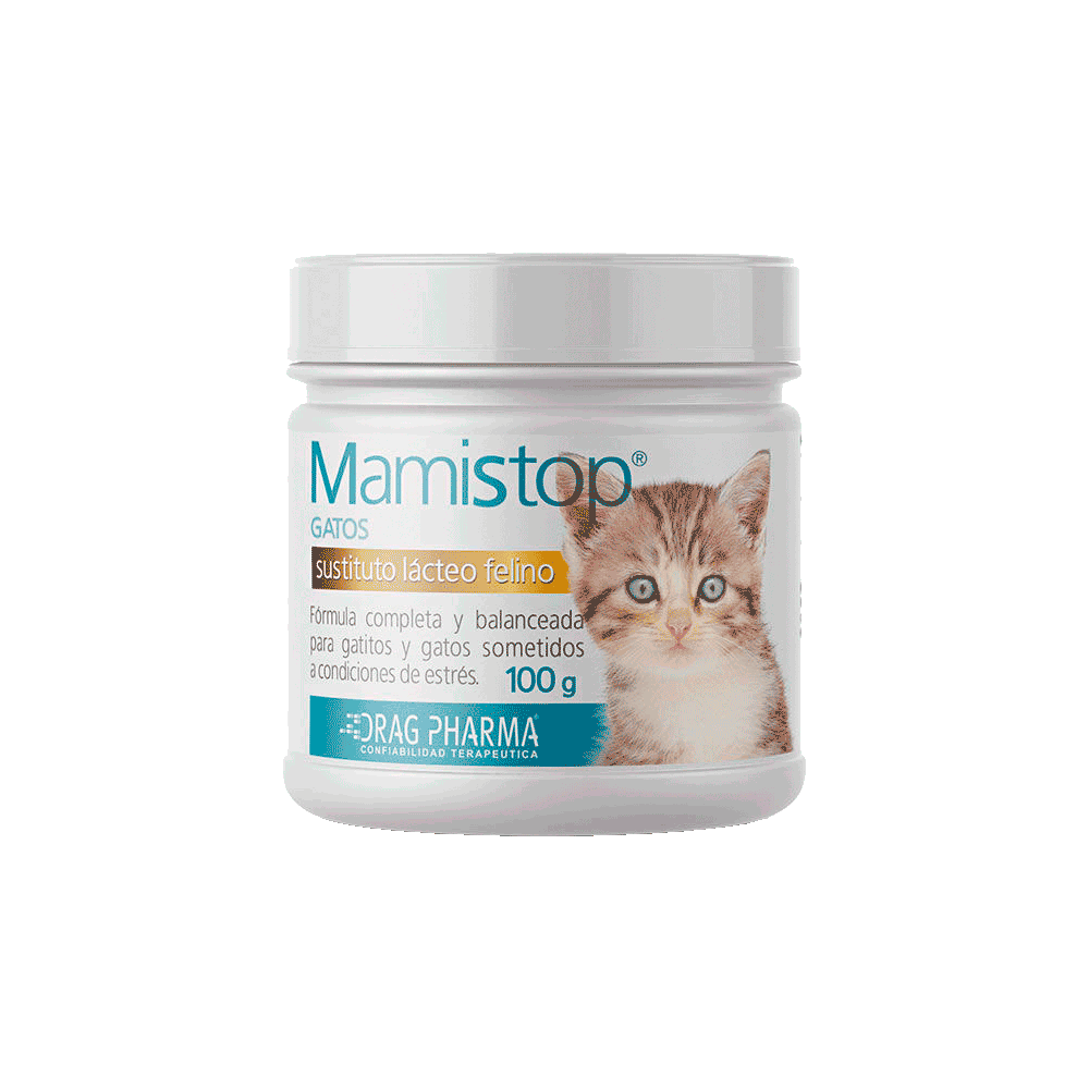 Frasco color blanco con detalles celestes de MamiStop Gato: sustituto para la leche materna en gatos huérfanos, convalecientes o de exposición