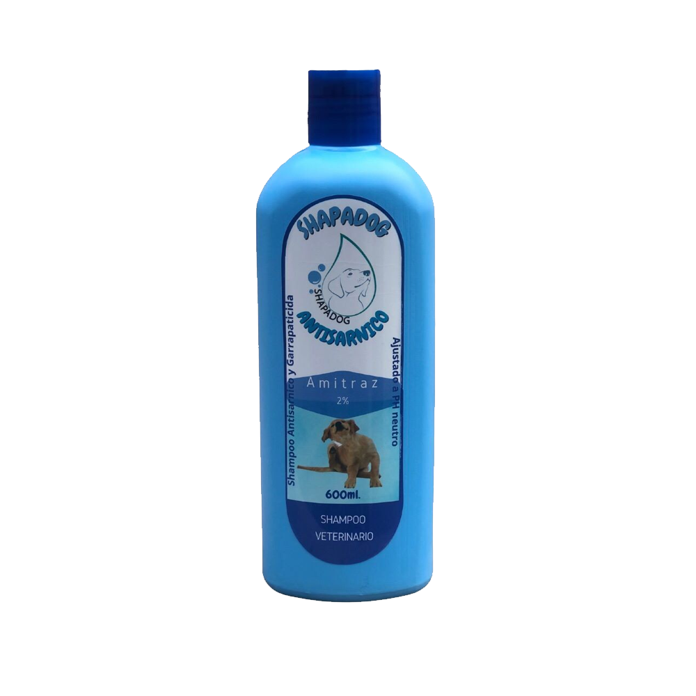 Botella color azul de Shampoo Antisárnico Shapadog para perros