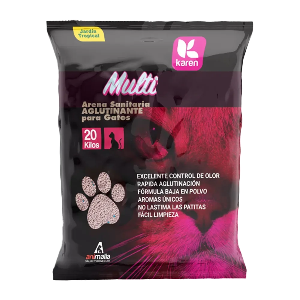 Bolsa negra con detalles rosados y la silueta de un gato en la parte derecha inferior en el mismo color, es la Arena Sanitaria Karen para gatos en aroma Jardín Tropical 
