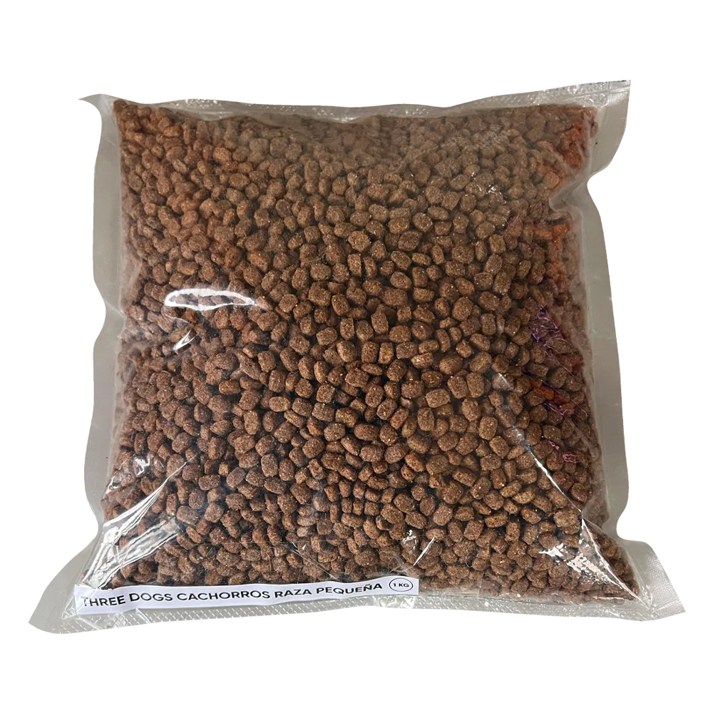 Bolsa color gris con negro y detalles celestes del alimento seco para perros cachorros de talla pequeña y mini Three Dogs Cachorros Raza Pequeña