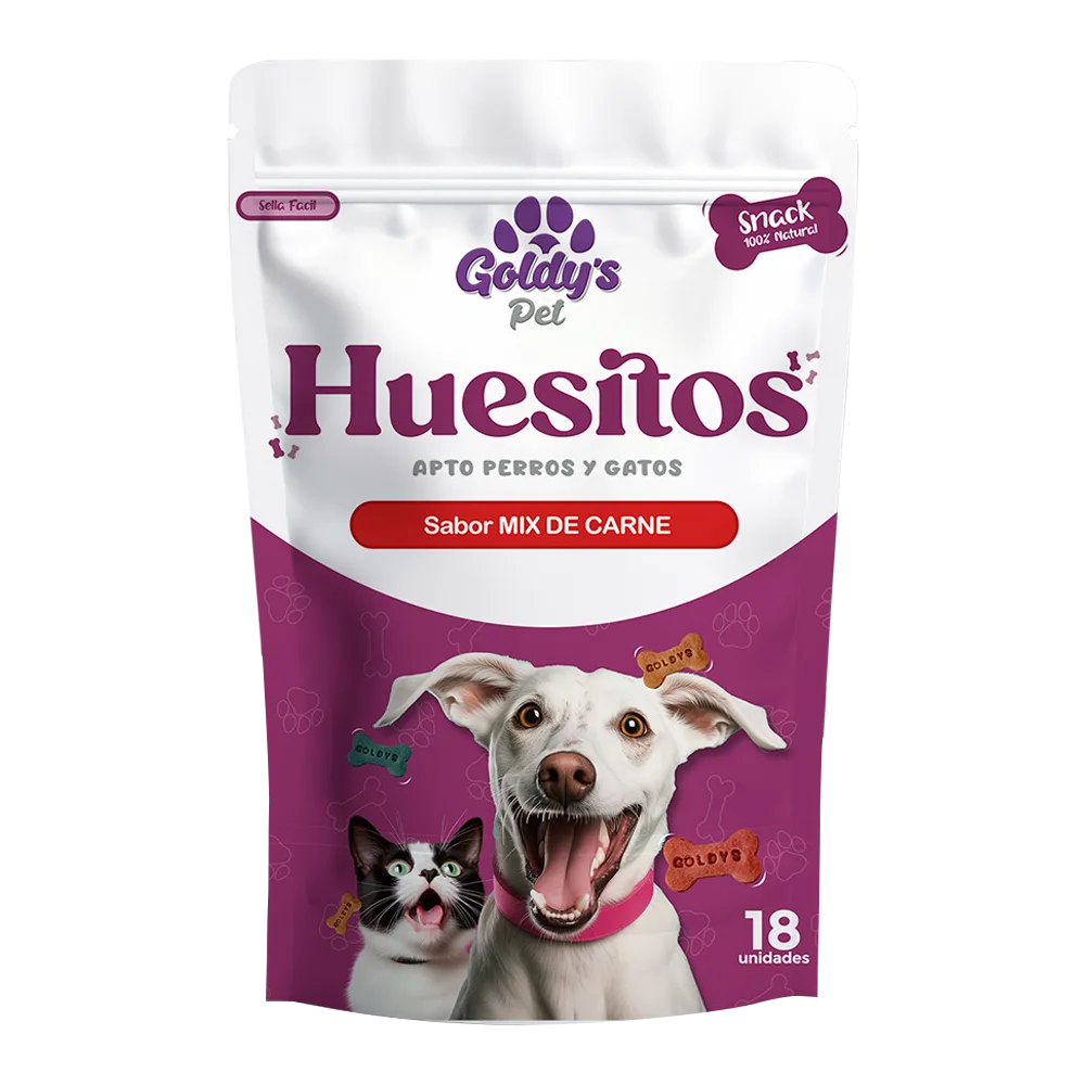 Empaque blanco con detalles guindos del snack Goldy's Pet con forma de Huesitos. Este sabor es el mix de carne y el empaque trae 18 unidades