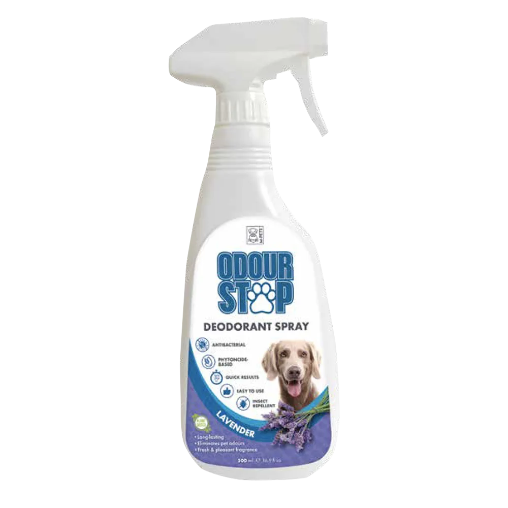 Frasco blanco con detalles morados y pico pulverizador de Odour Stop de M-Pets aroma a lavanda, es un desodorizador de ambientes.