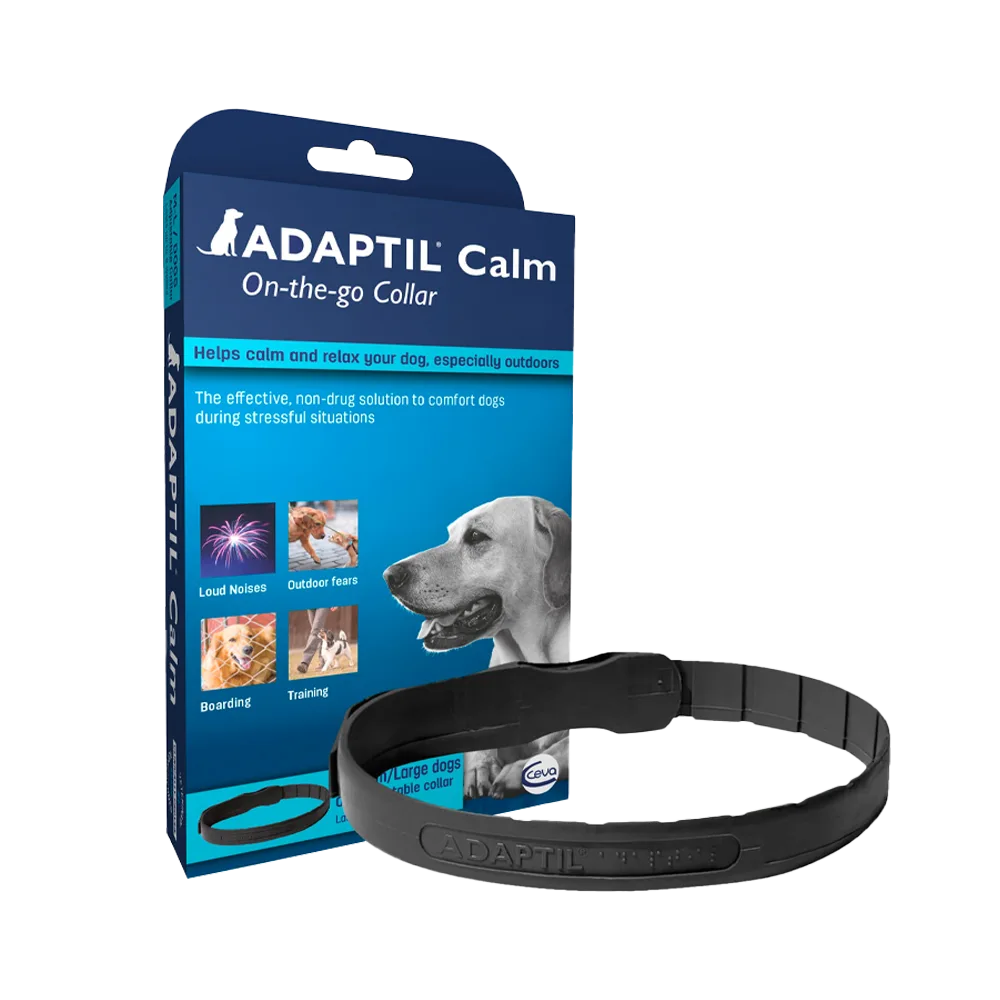 Empaque color celeste y detalles azules y un collar color negro de talla L/XL a lado de la caja. Es el Collar Adaptil Calm, un collar que para ayudar a tu mascota a tranquilizarse en situaciones de estrés.