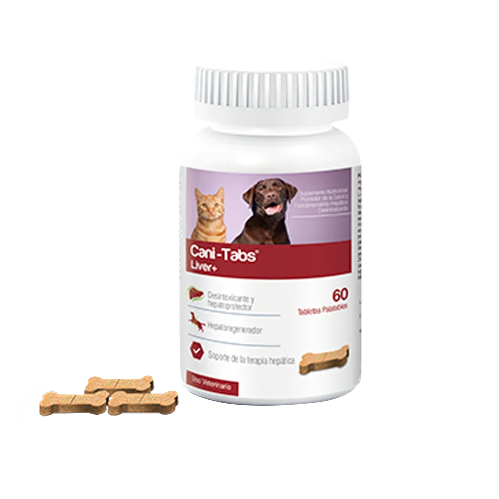 Frasco de Cani-Tabs Liver+: suplemento nutricional para perros y gatos con problemas hepáticos. Es de color blanco con detalles de color marron rojizo. Tiene la imagen de un gato gris y un perro negro mirando de frente