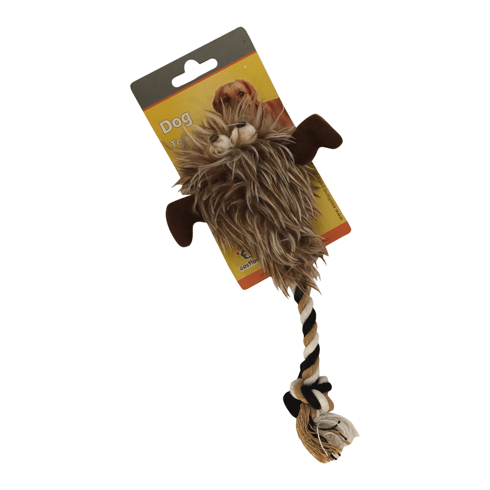 Imagen de producto Peluche peludo con cuernos para perros color marrón con detalles blancos 