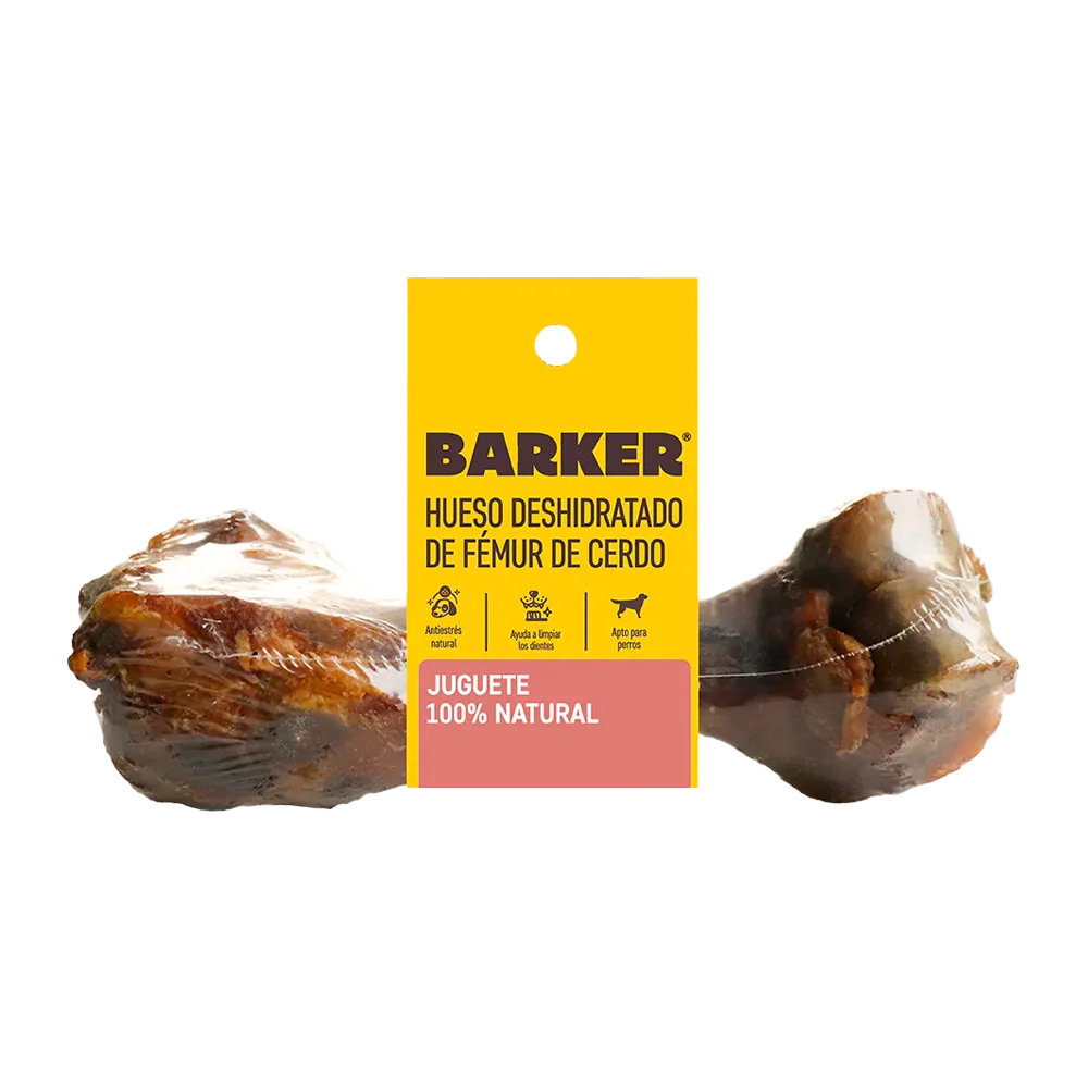 Fémur de Cerdo Deshidratado Barker en su empaque al vacío con etiqueta naranja