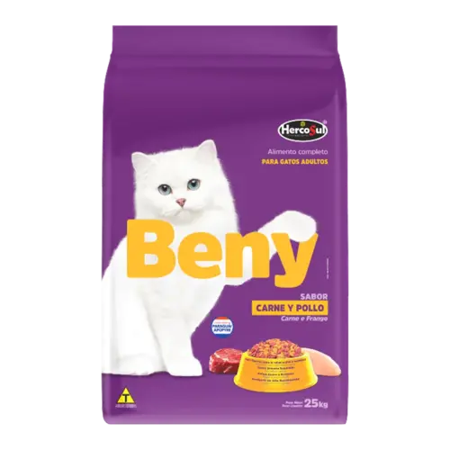 Bolsa morada con un gato blanco en la portada, es el alimento Beny para Gatos Adultos