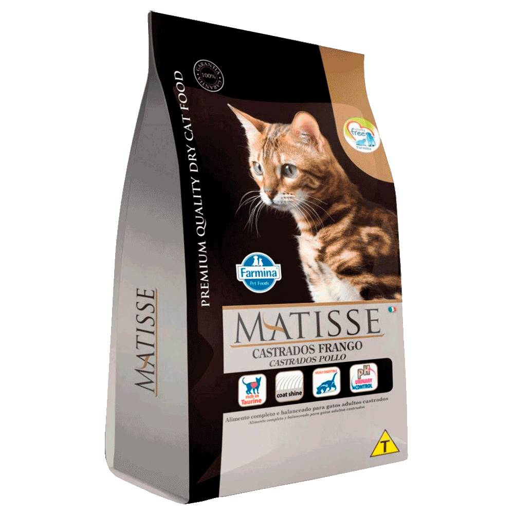 Bolsa negra con detalles color crema de alimento Farmina Matisse Castrados Frango para gatos adultos castrados