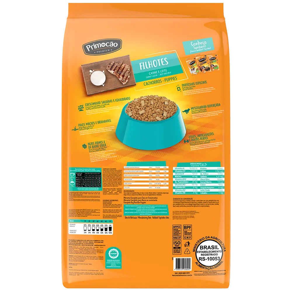 Bolsa de alimento balanceado Primocao Cachorro Carne y Vegetales vista desde atrás. Es de color amarillo y tiene un plato de comida de perro lleno de Primocao además de la información nutricional del alimento.