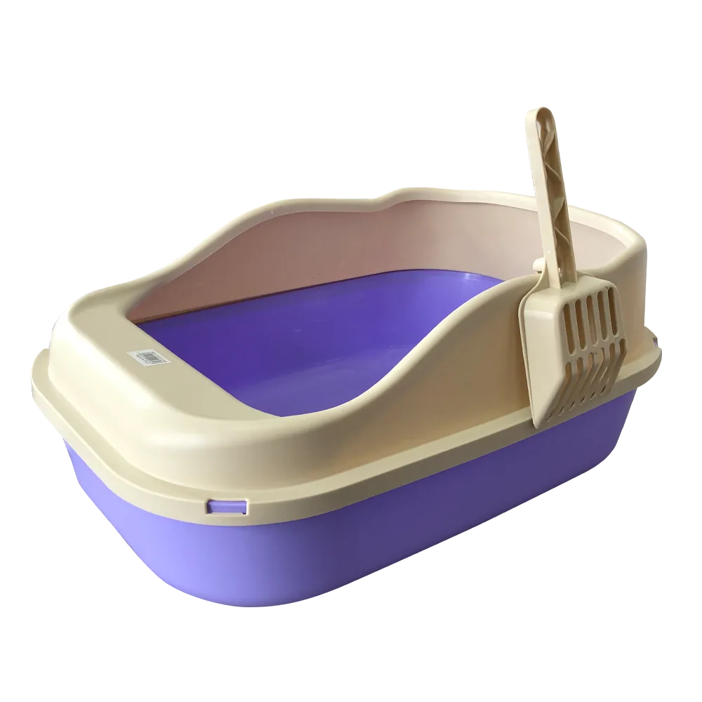 Bandeja Sanitaria para gatos de talla mediana y grande, es de color rosa y tiene un borde elevado en todo el perímetro, es de color gris. Viene con una pala gris que está colocada en uno de los bordes.