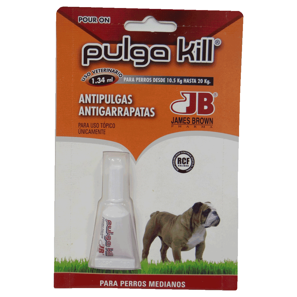 Empaque con detalles naranjas y rojos de Pulga kill Pour On Perros Medianos antiparasitario 