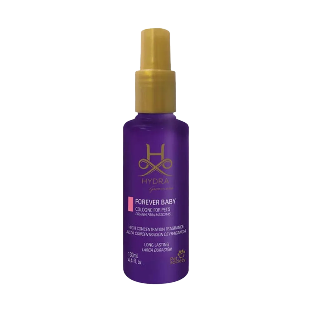 Botella en spray violeta con detalles dorados de colonia para mascotas Hydra Groomers Cologne Baby