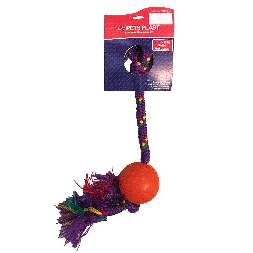 Imagen de producto Jalador corto con pelota doble nudo pelota de color naranja y cuerda color morado