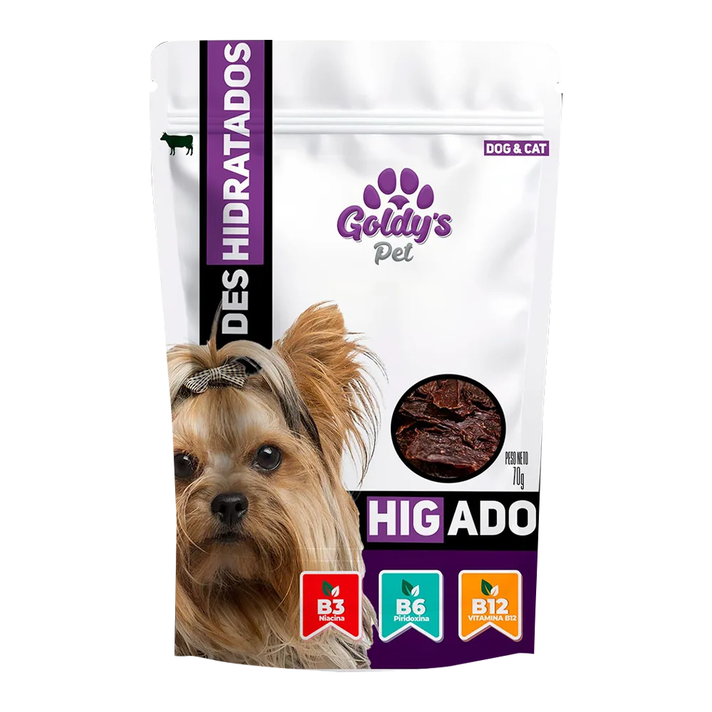 Empaque blanco con detalles morados y un perro yorkshire en la portada, es el Snack de Hígado Deshidratado de la marca Goldy's Pet