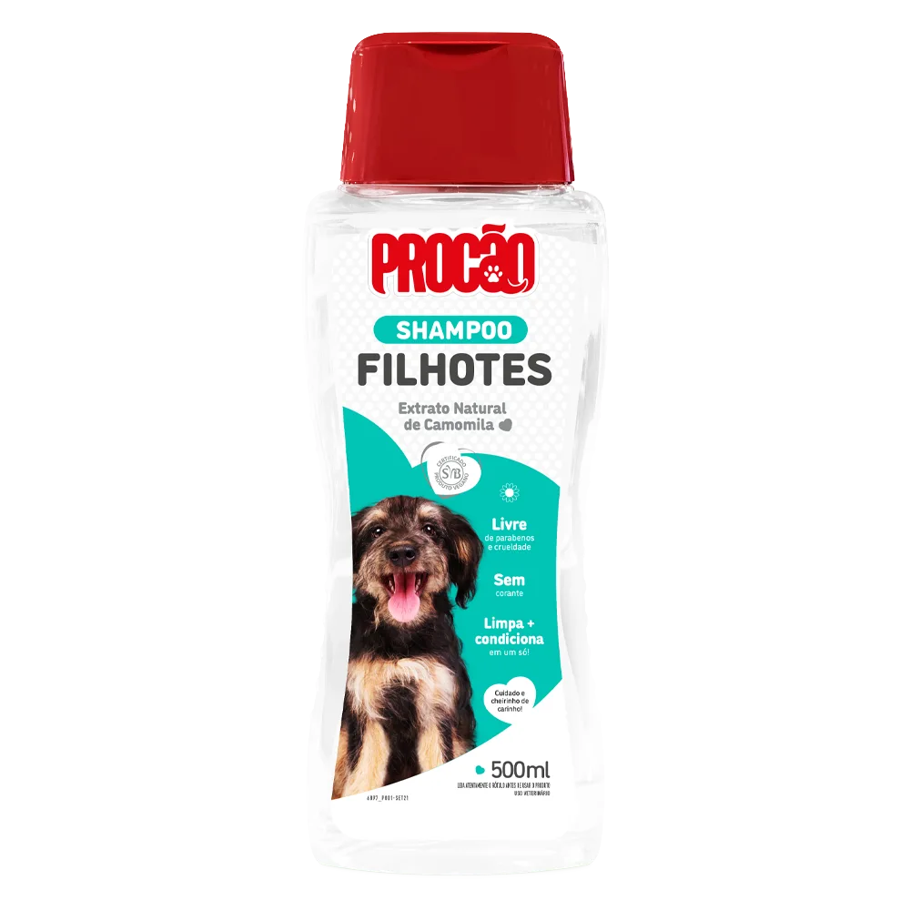 Envase de Shampoo Cachorros Procao transparente con una etiqueta color verde claro con la imagen de un cachorrito en su presentación de 500 mL 