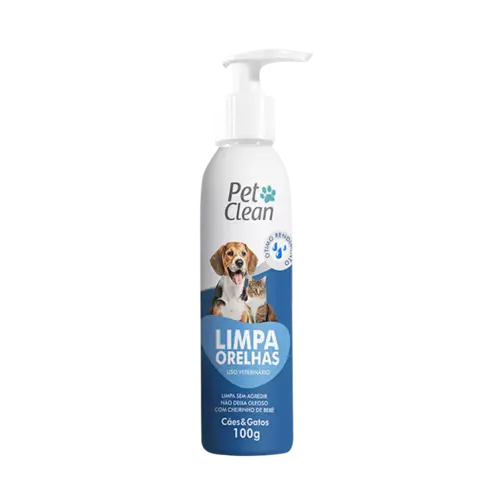 Botella de solución limpiadora de oídos Pet Clean para perros y gatos, con dispensador de bombeo, etiquetado en portugués.