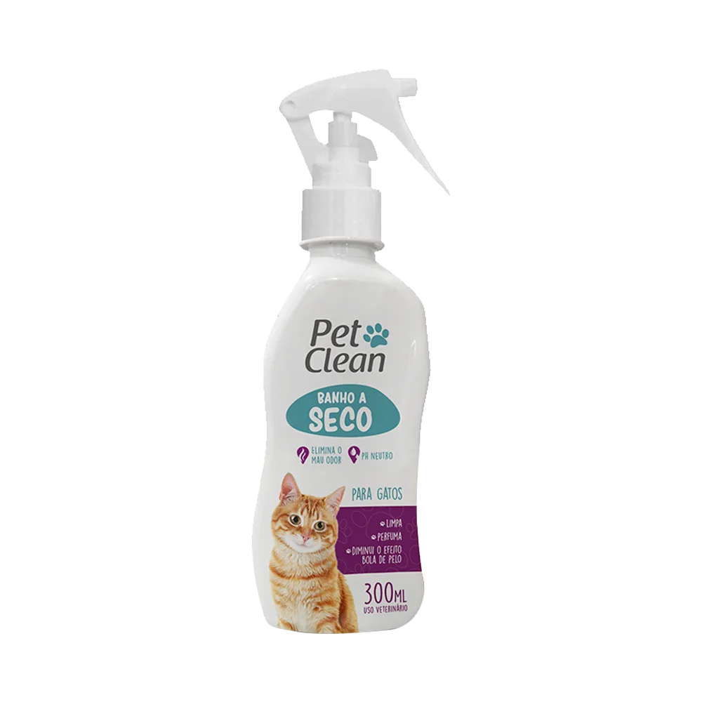 Frasco blanco con atomizador integrado, tiene una etiqueta blanca con detalles fuccia, celestes y un gato naranja en la portada. Es el Shampoo Seco para Gatos de M-Pets