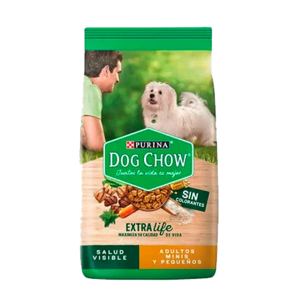 Bolsa verde con detalles amarillos de Dog Chow Adultos Minis y Pequeños. Alimento balanceado para perros adultos 