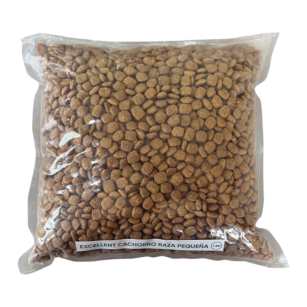 Bolsa blanca con detalles grises, rosa oscuro y naranjas de Excellent Cachorros Razas Pequeñas, un alimento para perros cachorros hasta el primer año de edad