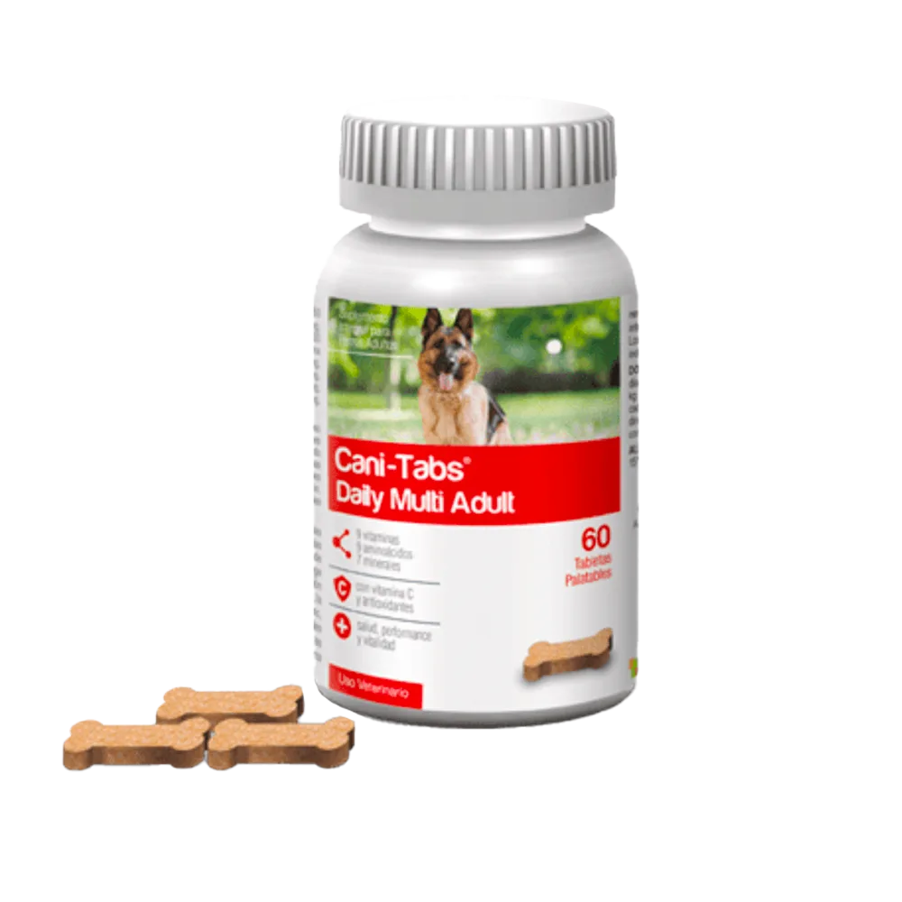 Frasco de Cani-Tabs Daily Multi Adult para la suplementación nutricional de perros adultos. Es de color blanco con detalles rojos. Tiene un pastor aleman sobre un fondo verde.