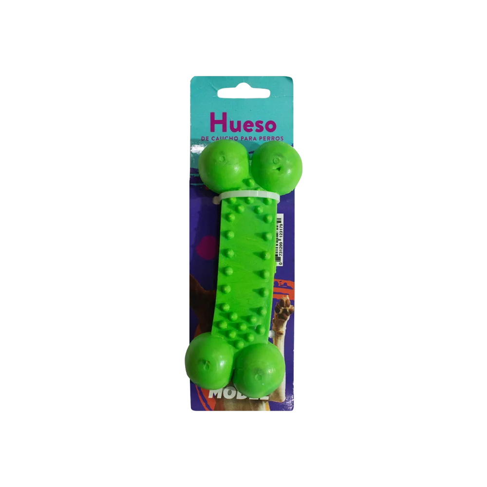 Imagen de Hueso de Caucho para perros color verde en su empaque original con detalles celestes y morados