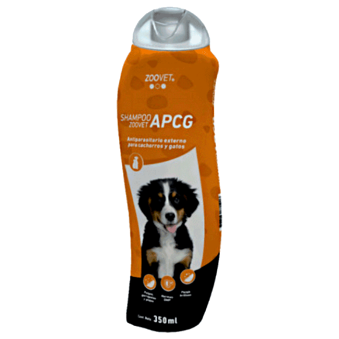 Botella con detalles marrones, negros y blancos de Zoovet Shampoo APCG antiparasitario para perros y gatos