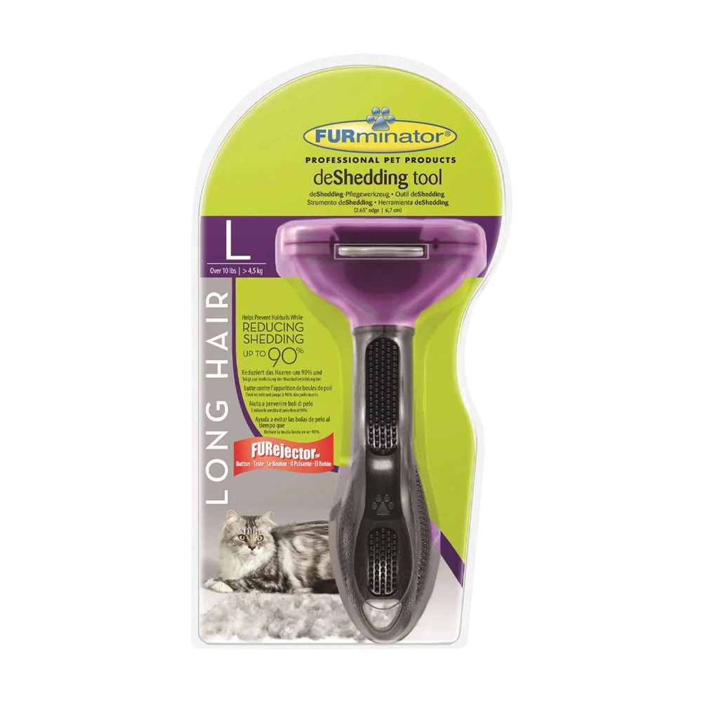 Cepillo FURminator para Gatos de pelo largo en su empaque original que es de color verde con detalles azules, el cepillo es plástico con un mango negro y la parte superior es morada. Es un cepillo que elimina el pelo de la capa interior del pelaje en gatos. El cepillo es de talla L