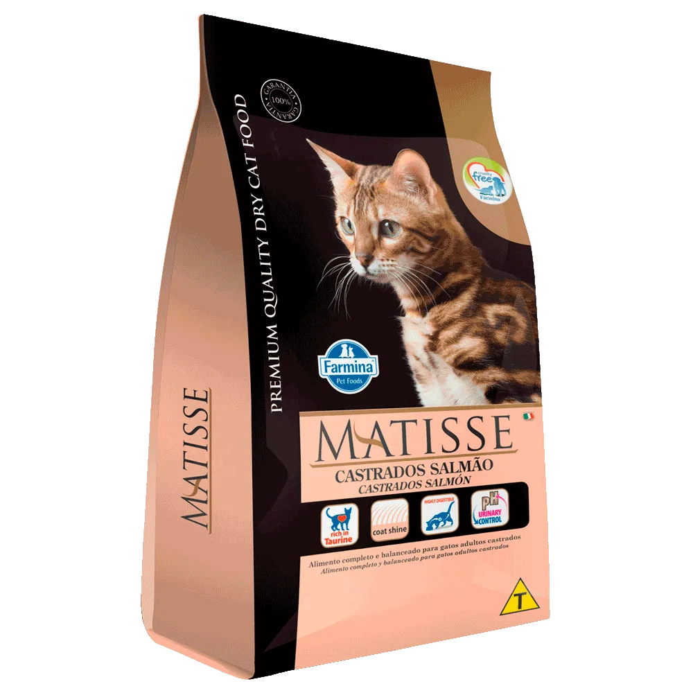 Bolsa negra y rosado de alimento para gatos Farmina Matisse Castrados Salmon