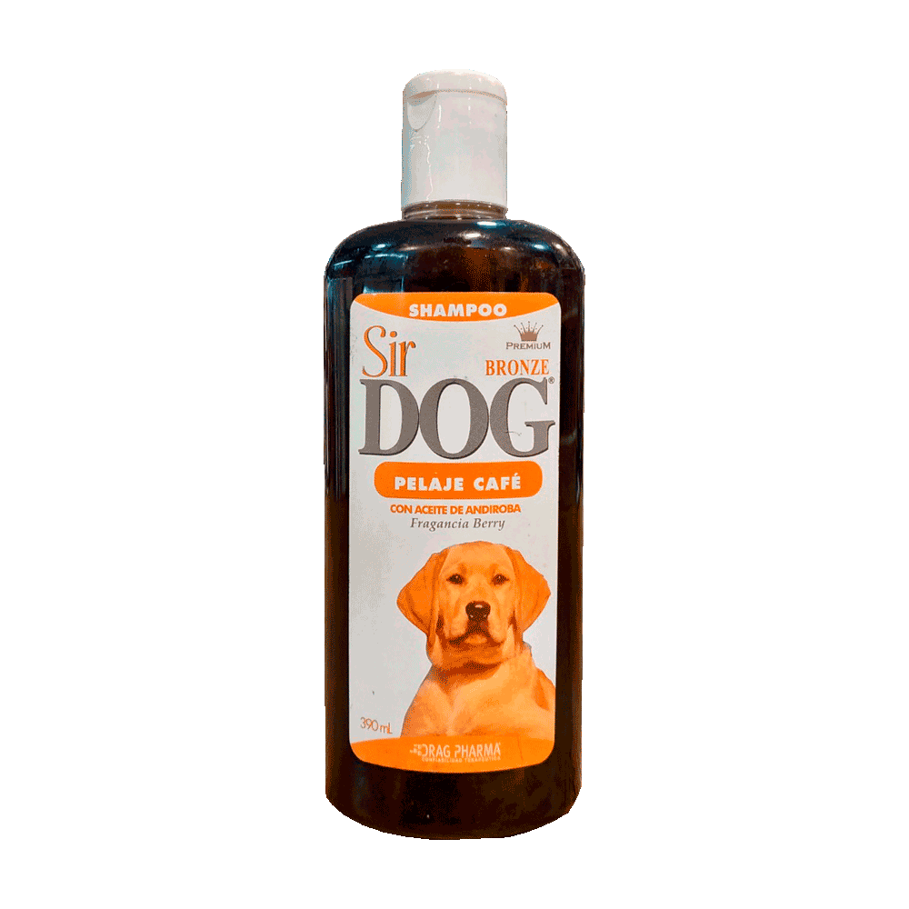 Botella de shampoo café para perros de Sir Dog Bronze Shampoo con detalles naranjas