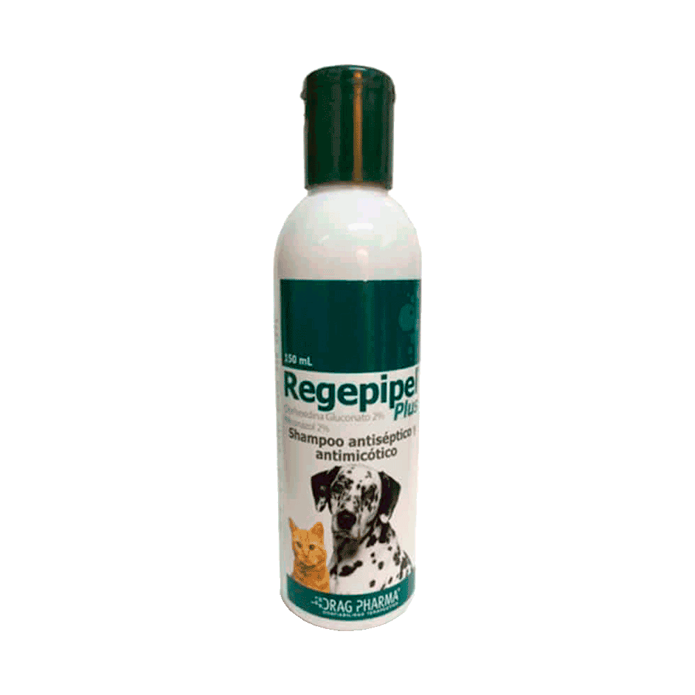 Botella blanca de shampoo medicado Regepipel Plus Shampoo Medicado para perros y gatos con detalles verde oscuro
