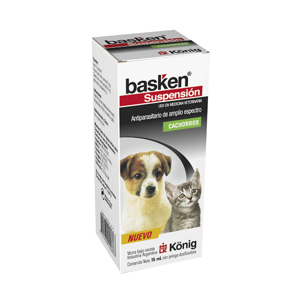 Caja blanca con detalles negros y rojos de Basken Suspensión Cachorros, antiparasitario interno para perros y gatos cachorros