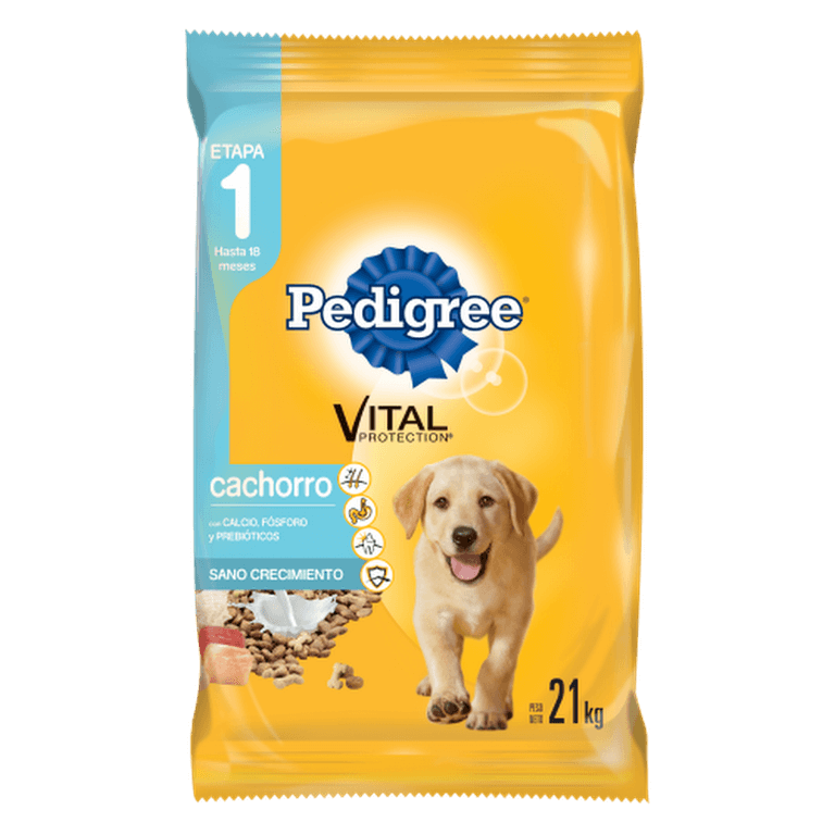 Imagen de bolsa de alimento balanceado Pedigree Cachorro en su presentación 21kg. Bolsa de color amarillo con alegorías de perros y juguetes de perro.