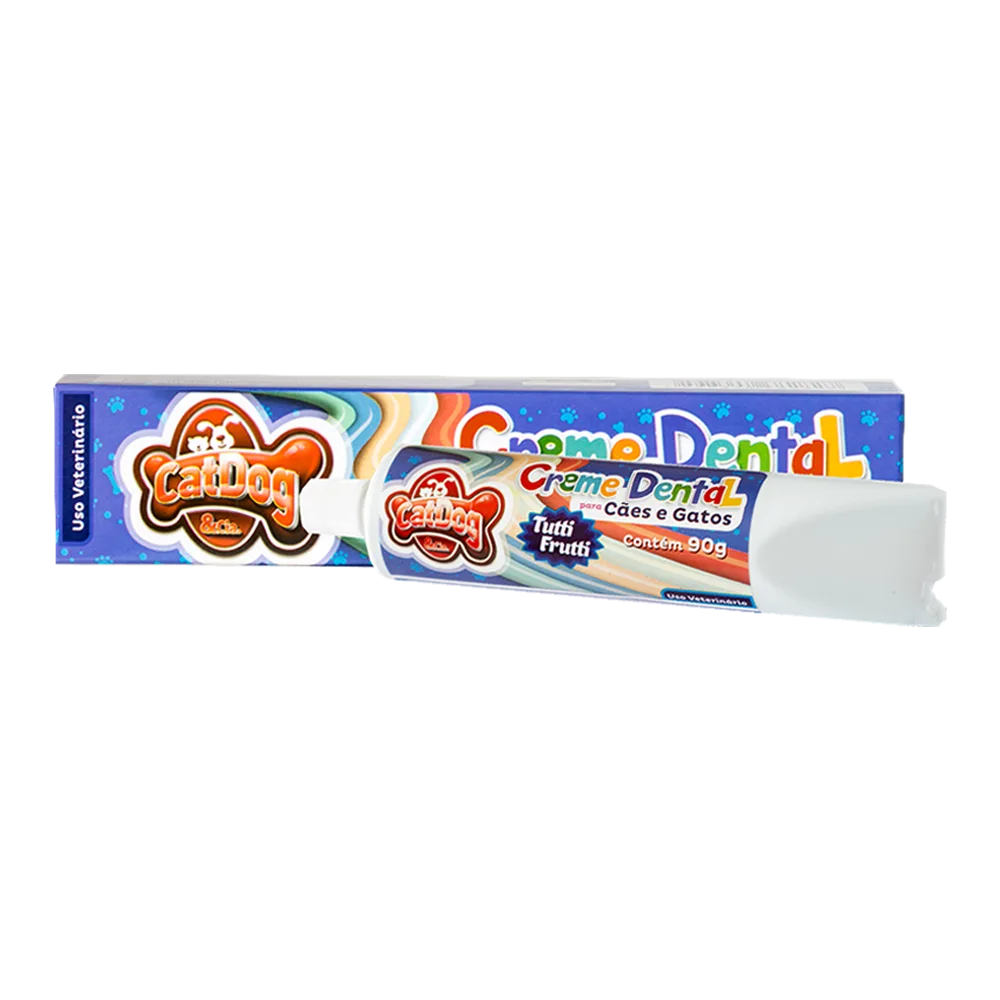 Caja color azul con pomo blanco y etiqueta azul de la Pasta Dental CatDog sabor tutti fruti para perros y gatos 