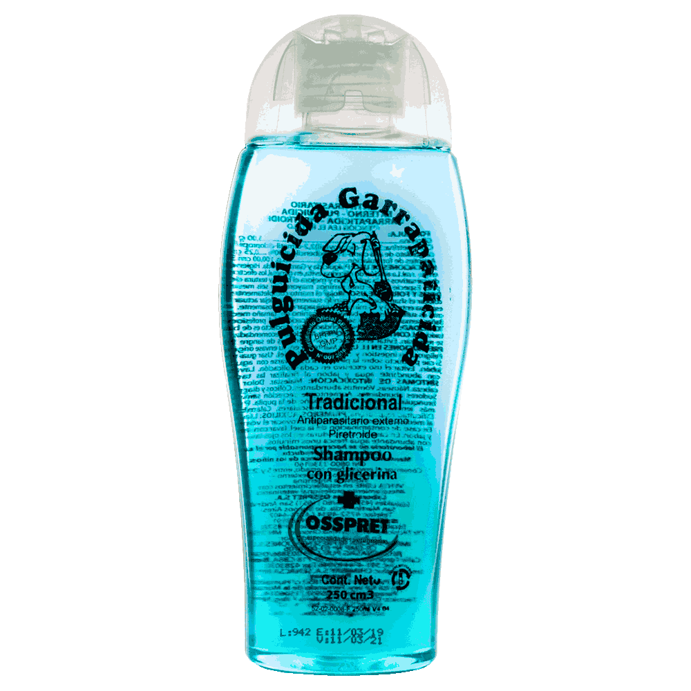 Frasco transparente de 250cc de Osspret Shampoo Pulguicida y Garrapaticida
