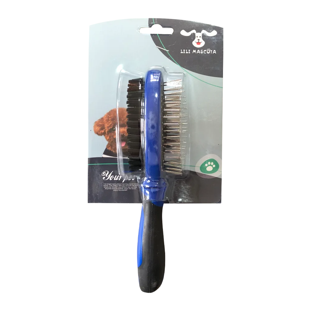 Cepillo Doble Cara color negro con mango azul, tiene cerdas suaves color negras de un lado y cerdas duras del otro extremo.