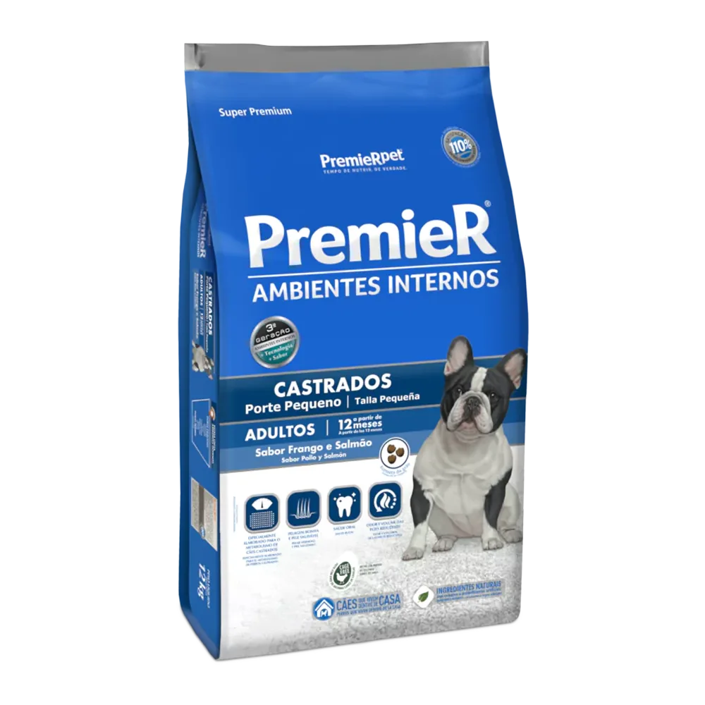 Bolsa azul con detalles blancos del alimento PremieRpet Adulto Raza Pequeña Castrado Pollo y Salmón para perros de talla pequeña que viven en interiores y han sido castrados, tiene un perro bulldog frances blanco con negro en la portada.