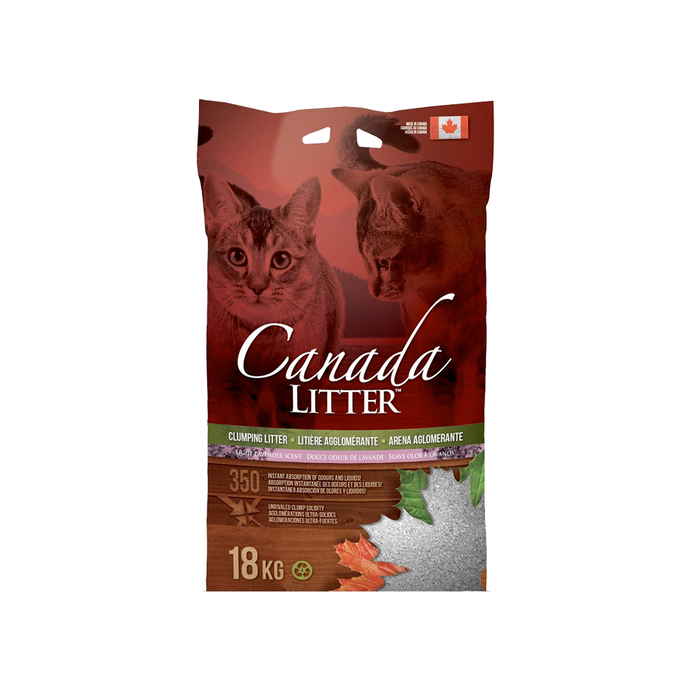 Bolsa roja con detalles verdes y rosados de Canada Litter Arena Sanitaria Lavanda de arena para gatos