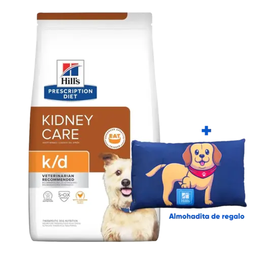 Bolsa blanca de alimento Hill's PD k/d Canine Renal Care para perros con problemas renales, la bolsa de fondo blanco tiene colores marrón y naranja, y una franja marrón en la parte superior, tiene un perro peludo de raza pequeña color beige en la esquina derecha inferior