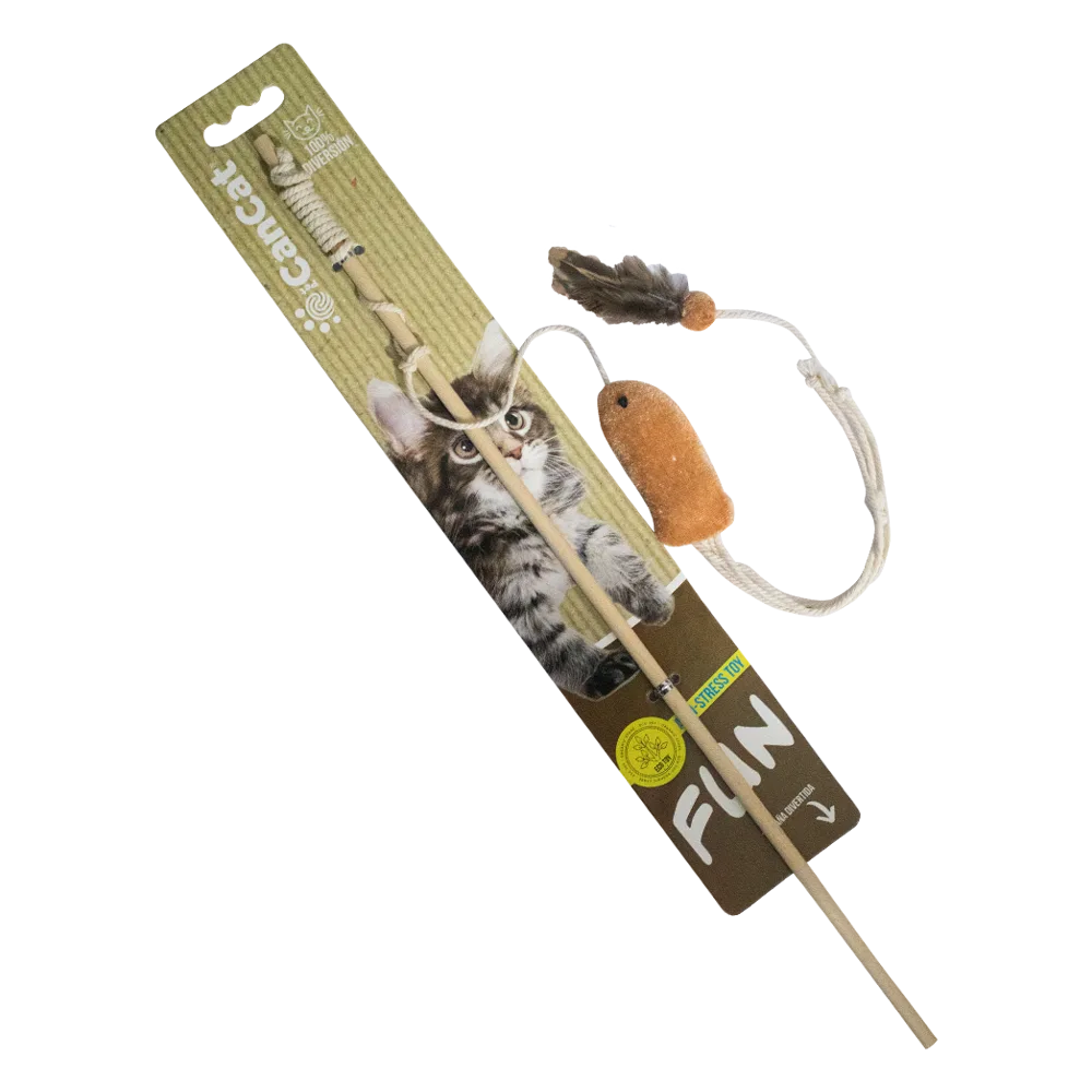 Varita para gatos CanCat de madera con un detalle con forma de ratón marrón de algodón y plumas grises en la punta