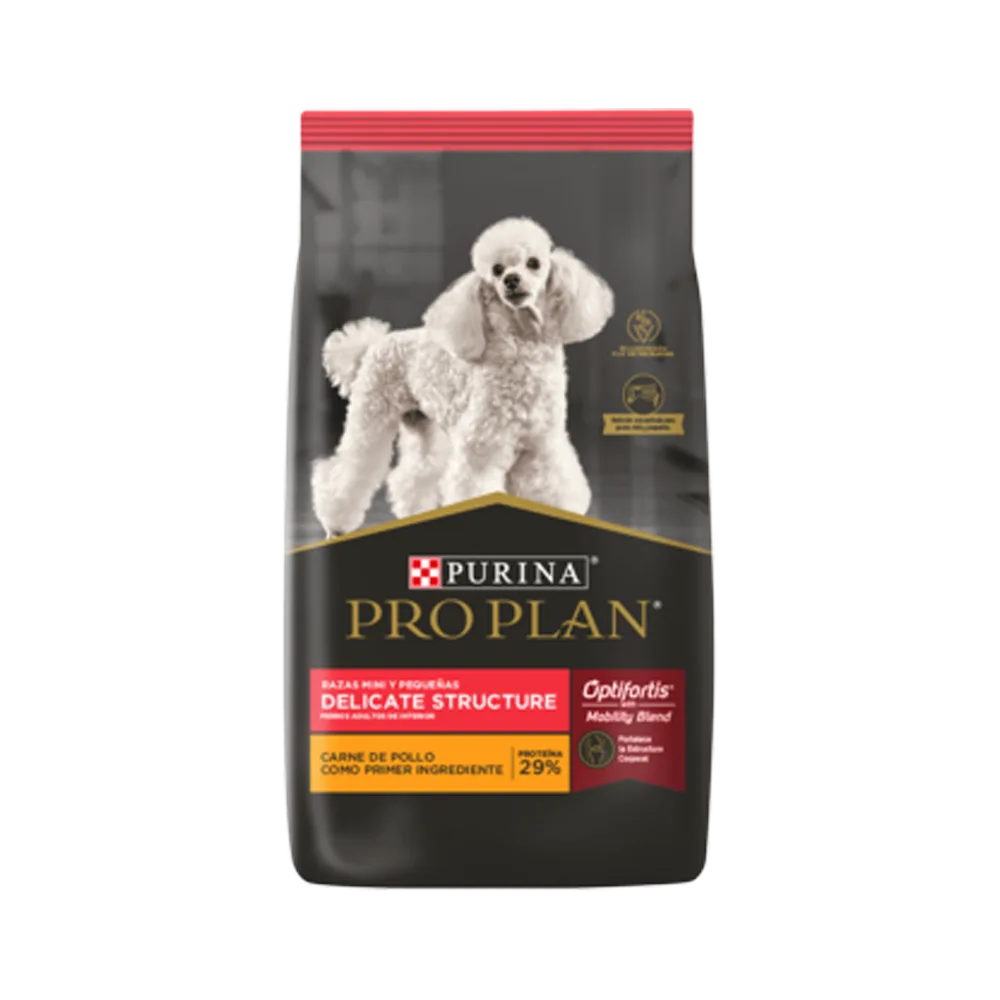 Bolsa negra con detalles rojos de Pro Plan Perro Delicate Raza Pequeña