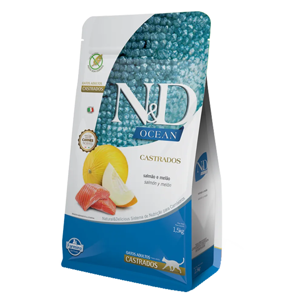 Bolsa blanca con detalles azules del alimento N&D Ocean Salmón y Melón para gatos castrados. Un alimento sin granos 