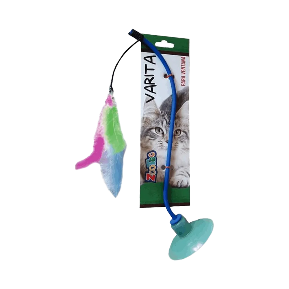 Imagen de juguete Varita Ventana de la marca Zootec en su empaque original. Es una varita clásica para gatos con una sopapa en la base para poder adherirse al vidrio y una pluma de colores rosas y celestes en la punta.
