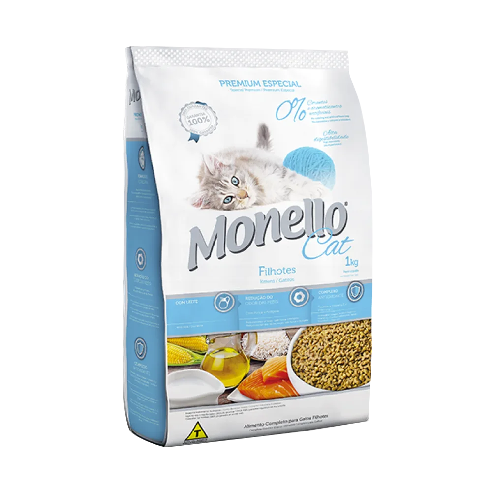 Bolsa de alimento para gatos cachorros Monello Gatitos en su presentación de 15 kilos. La bolsa es de color blanco con detalles celestes y una foto de un gato acostado encima del logo de Monello que es de color gris