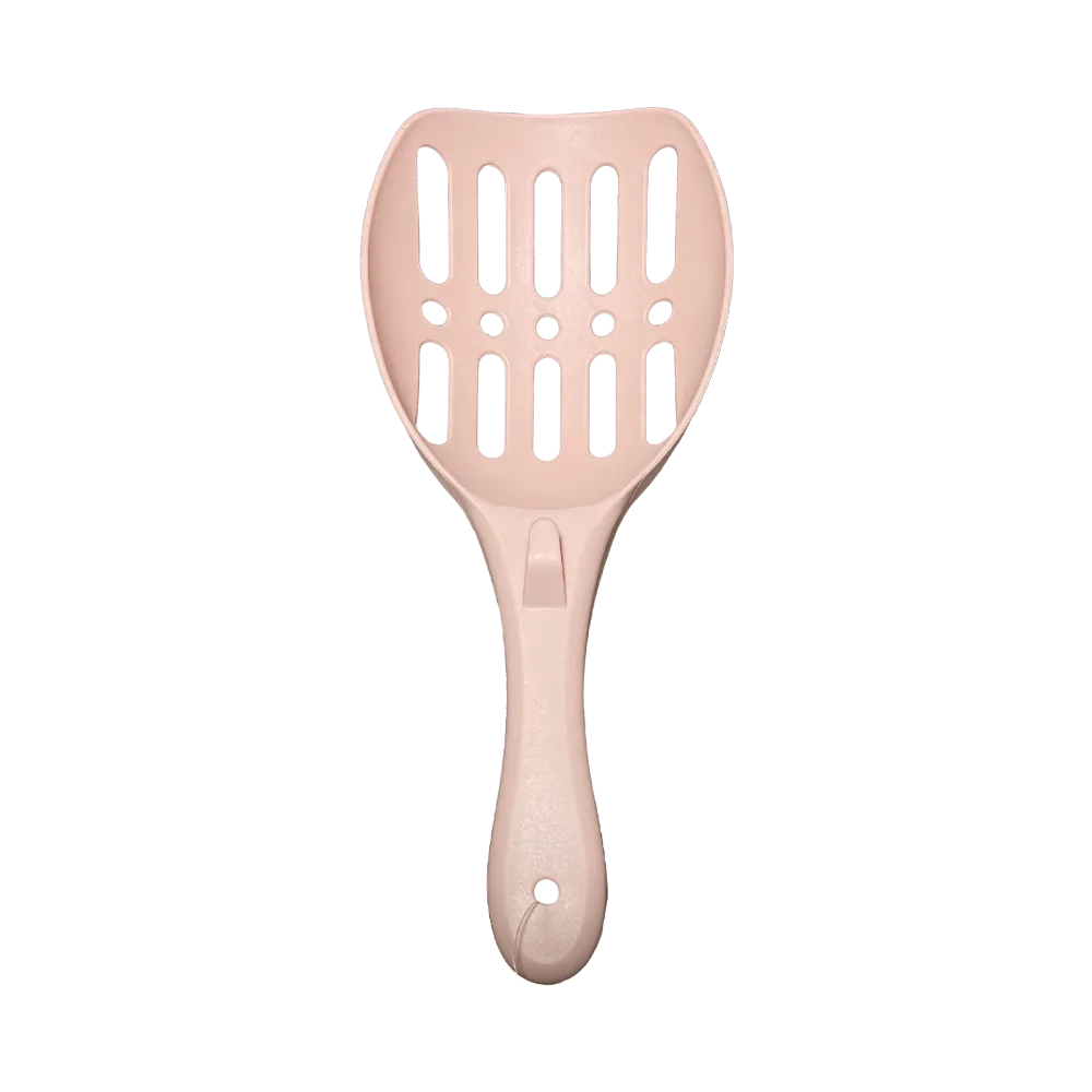 Palita recolectora de arenero para gatos en color rosa pastel.
